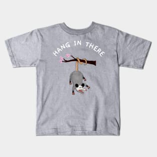 Weird and Funny Opossum Design that Says Hang in There, Possum Hanging From Tree, Retro Humor, Anxiety Possum Unique Kids T-Shirt